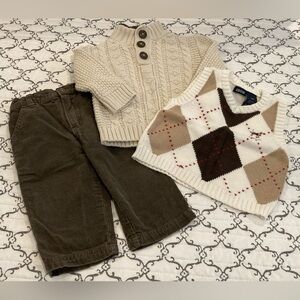 IZOD Zip Snap Pants Argyle Vest Cherokee Cream Cable Knit Sweater Baby Boy 12mo.
